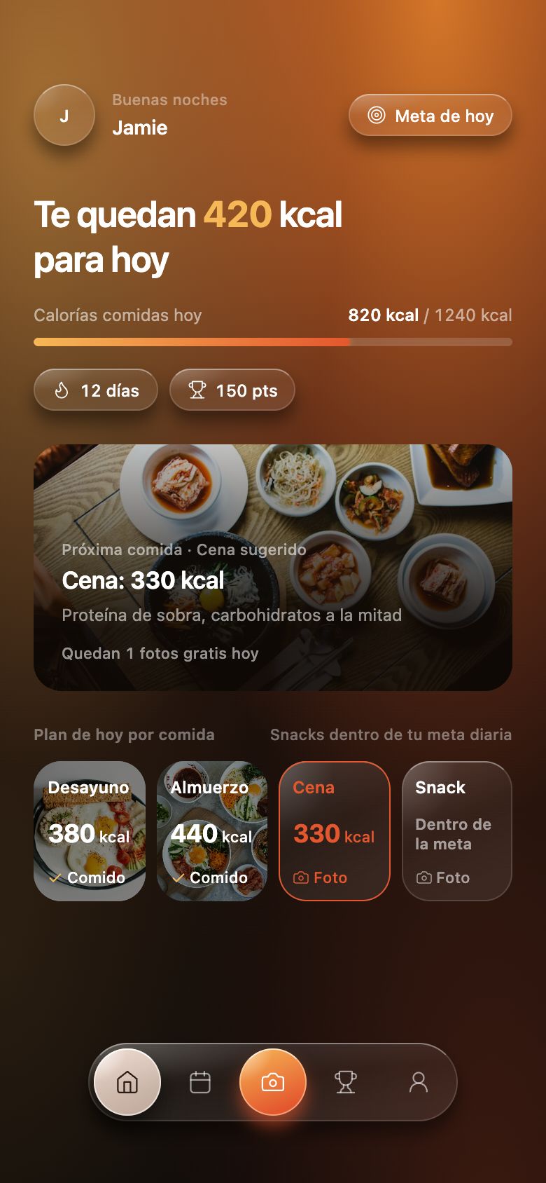 Pantalla de inicio con objetivos por comida