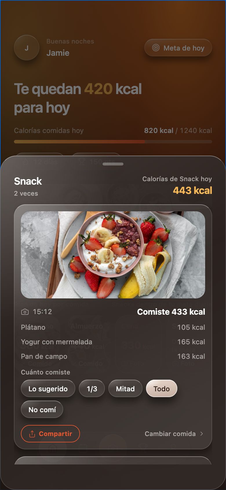 Pantalla de registro de comida