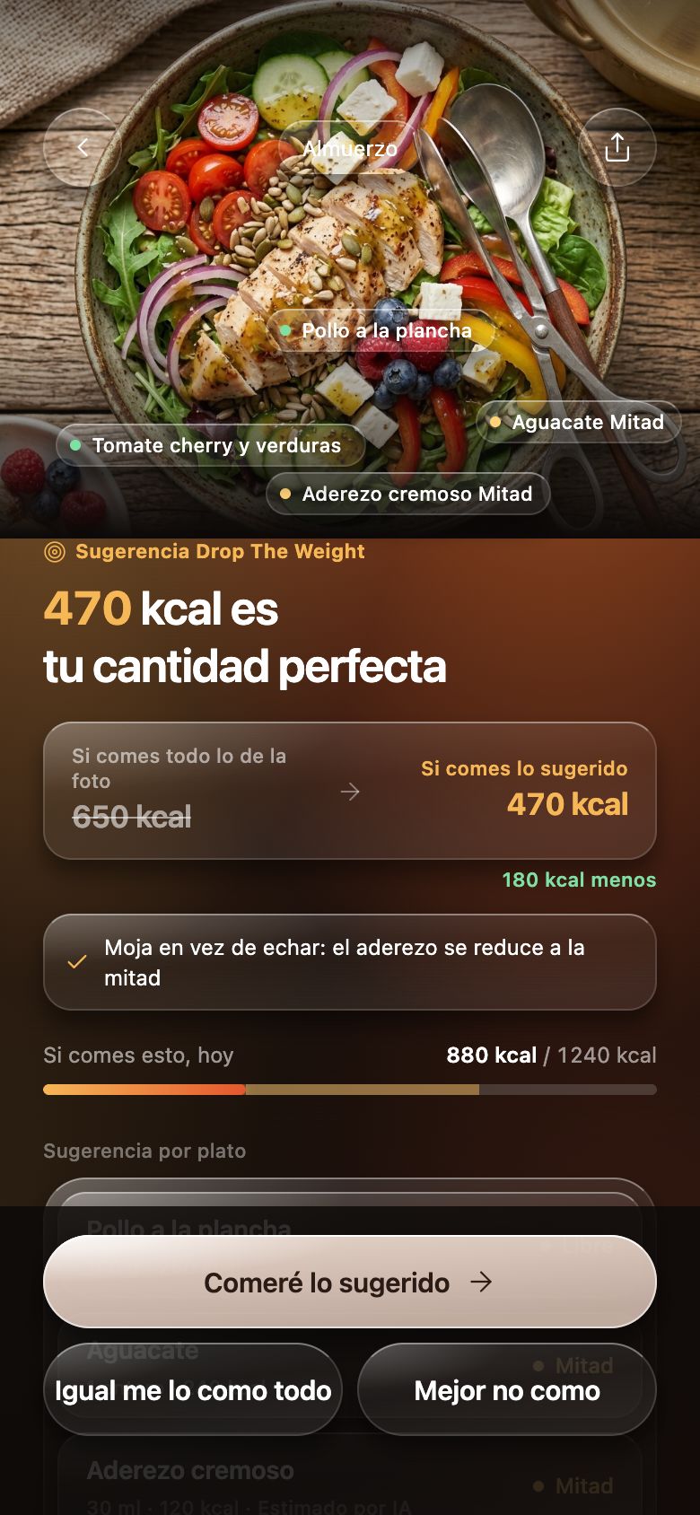 Pantalla de resultado con la cantidad recomendada de cada plato